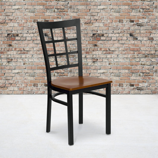 HERCULES Series Black Window Back Metal Restaurant Chair - Cherry Wood Seat Cherry Wood Seat/Black Metal Frame