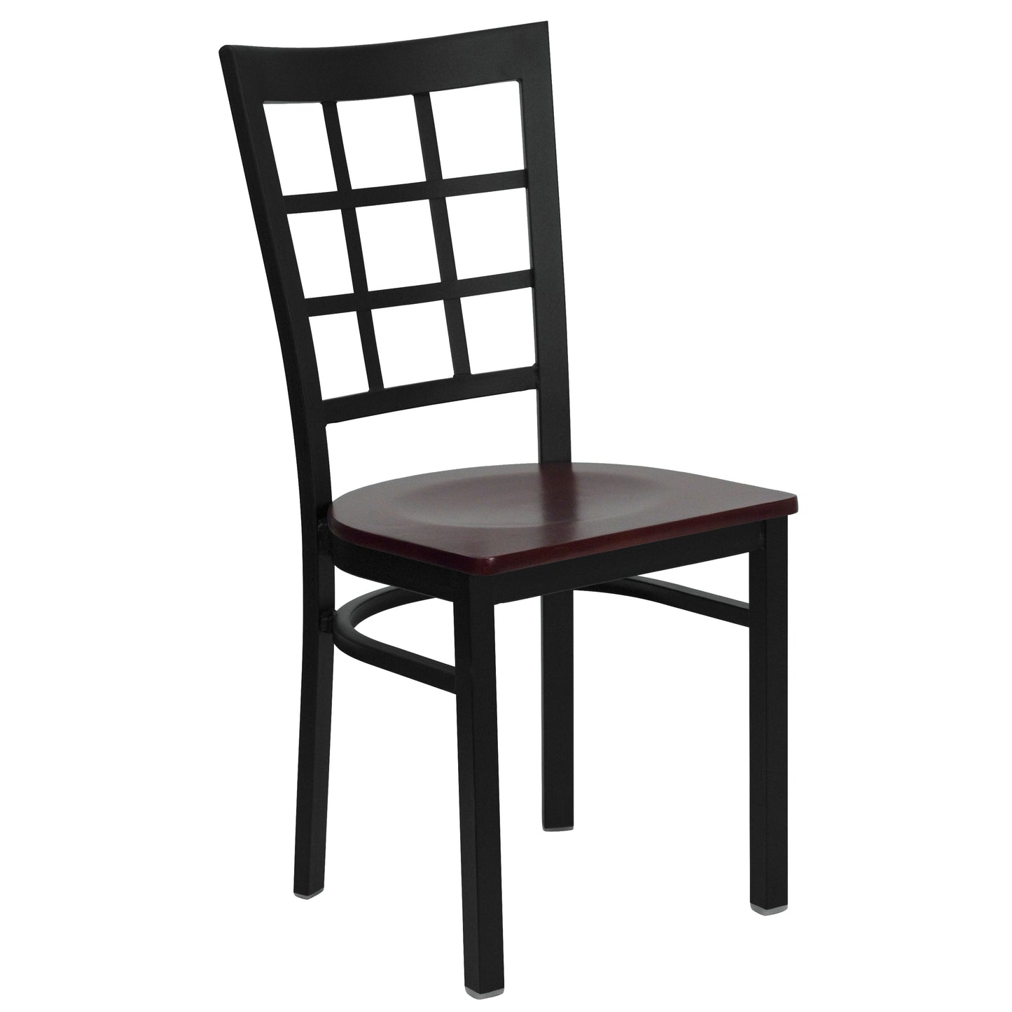 HERCULES Series Black Window Back Metal Restaurant Chair - Mahogany Wood Seat Mahogany Wood Seat/Black Metal Frame