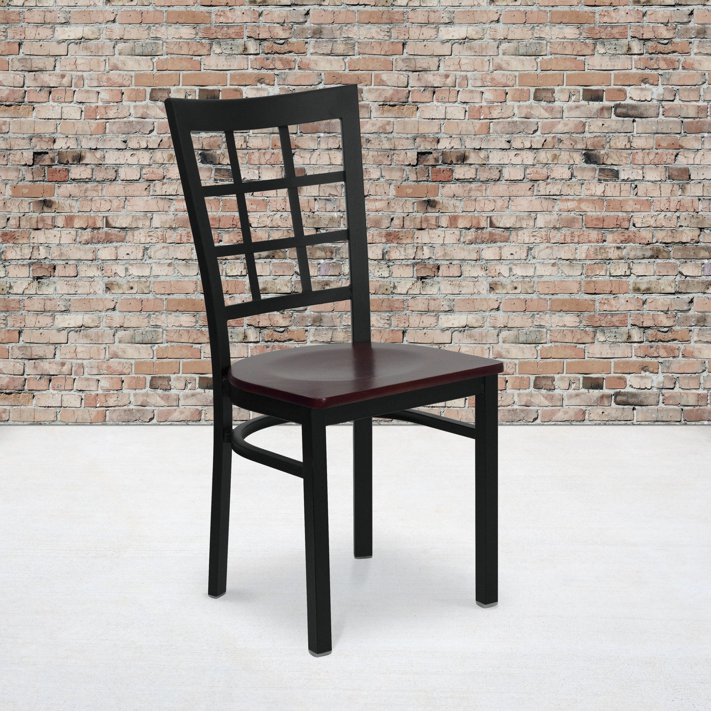 HERCULES Series Black Window Back Metal Restaurant Chair - Mahogany Wood Seat Mahogany Wood Seat/Black Metal Frame