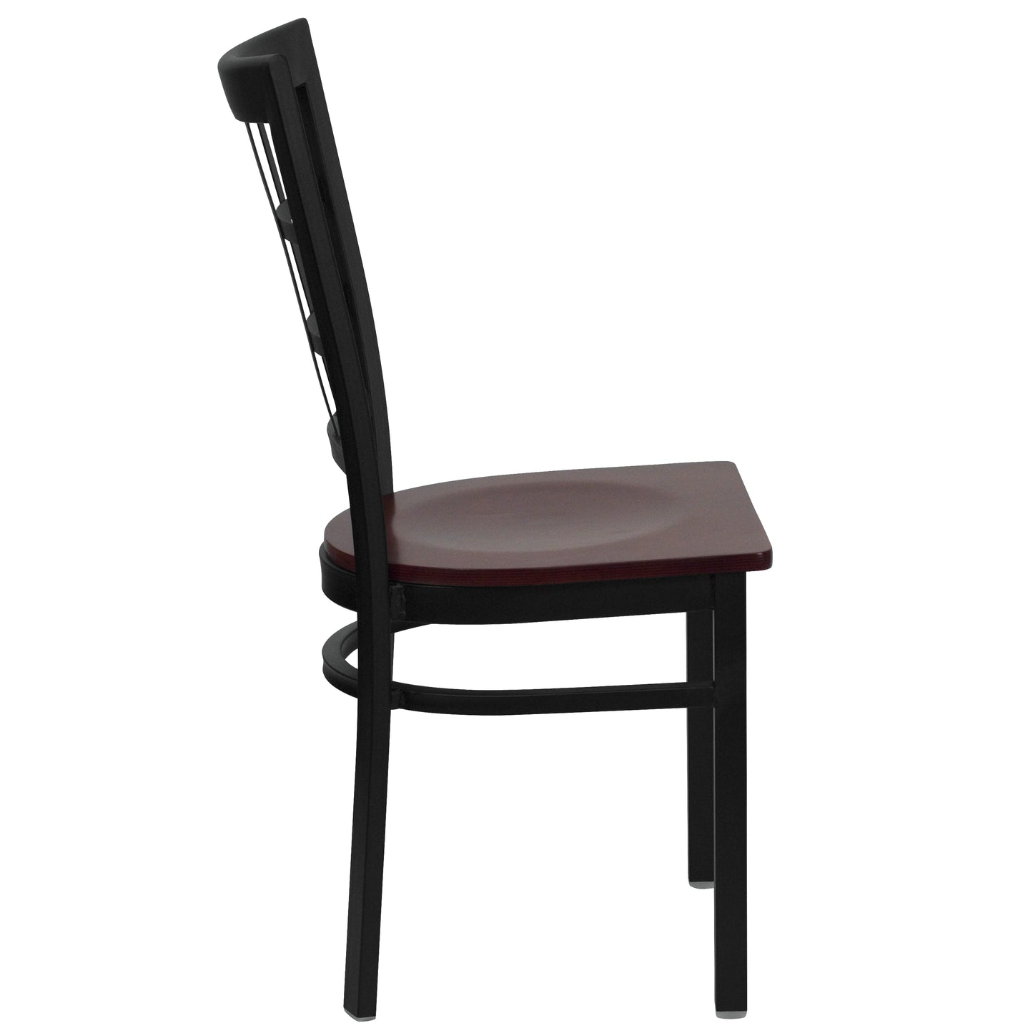 HERCULES Series Black Window Back Metal Restaurant Chair - Mahogany Wood Seat Mahogany Wood Seat/Black Metal Frame