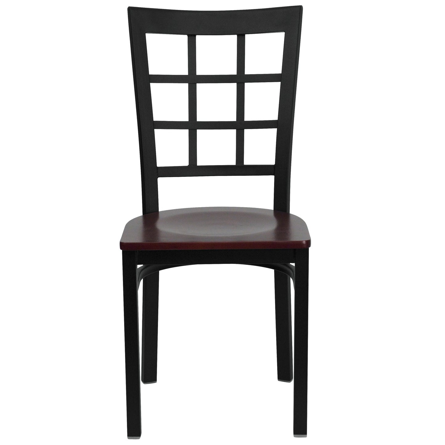 HERCULES Series Black Window Back Metal Restaurant Chair - Mahogany Wood Seat Mahogany Wood Seat/Black Metal Frame