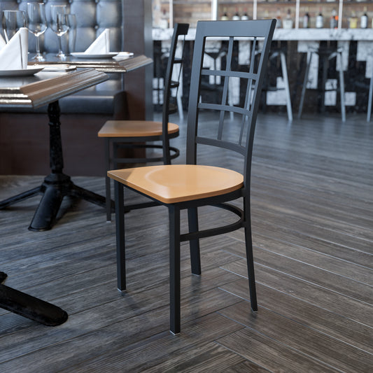 HERCULES Series Black Window Back Metal Restaurant Chair - Natural Wood Seat Natural Wood Seat/Black Metal Frame