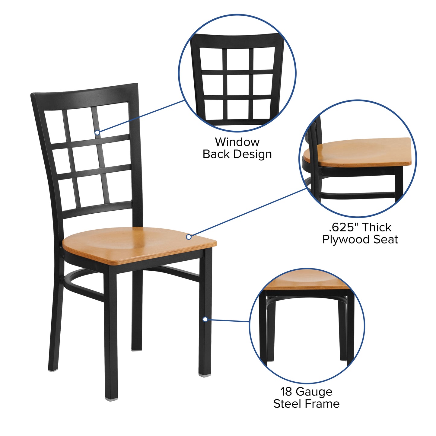 HERCULES Series Black Window Back Metal Restaurant Chair - Natural Wood Seat Natural Wood Seat/Black Metal Frame