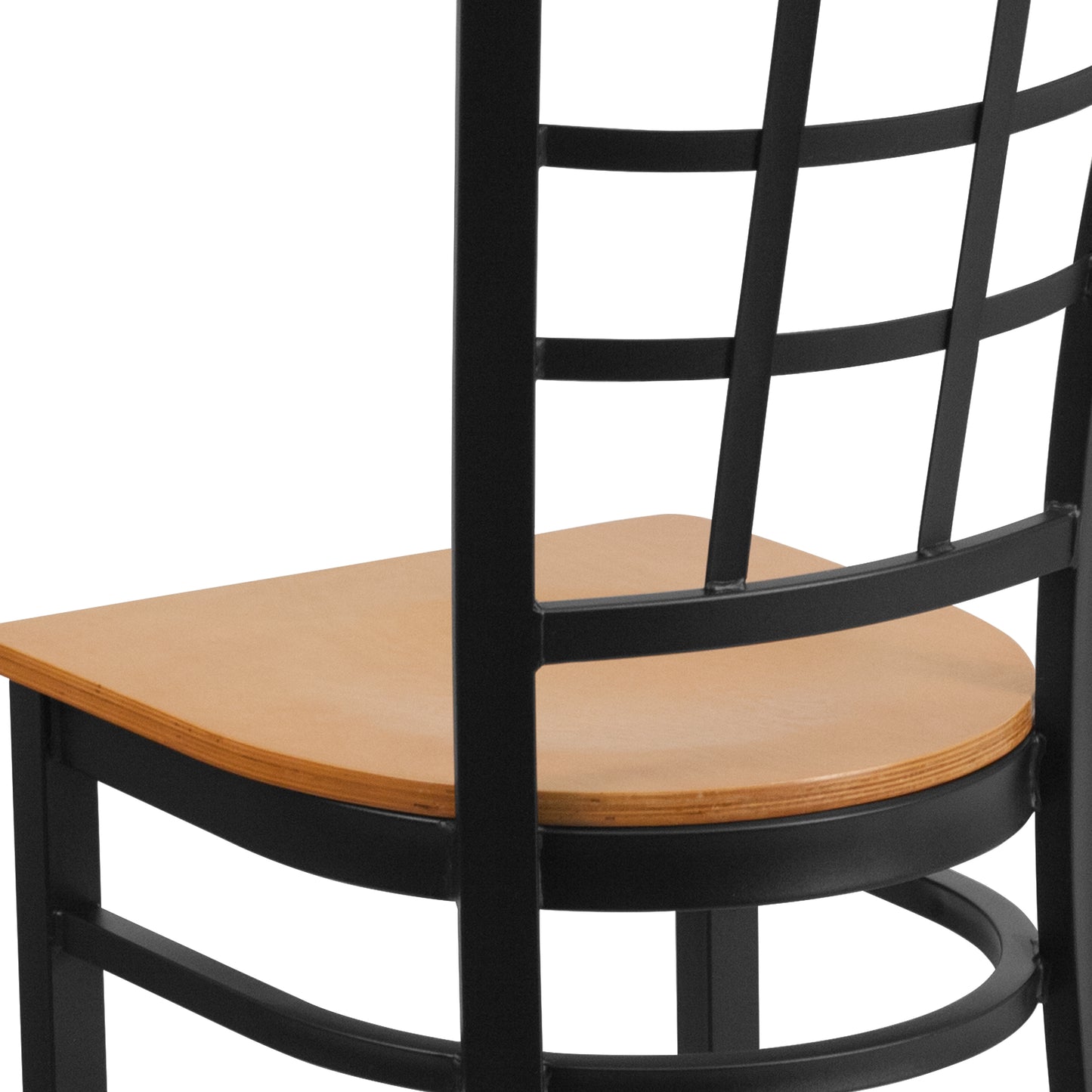 HERCULES Series Black Window Back Metal Restaurant Chair - Natural Wood Seat Natural Wood Seat/Black Metal Frame