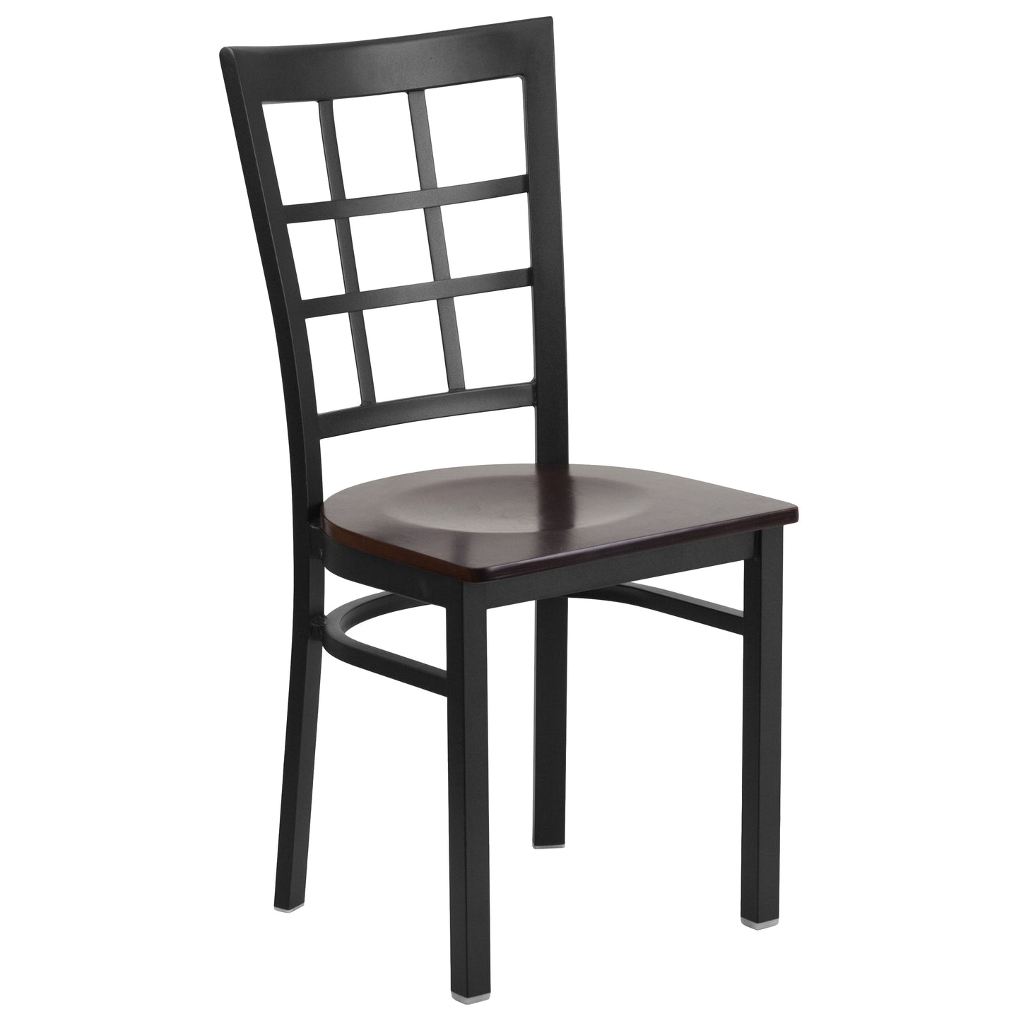 HERCULES Series Black Window Back Metal Restaurant Chair - Walnut Wood Seat Walnut Wood Seat/Black Metal Frame