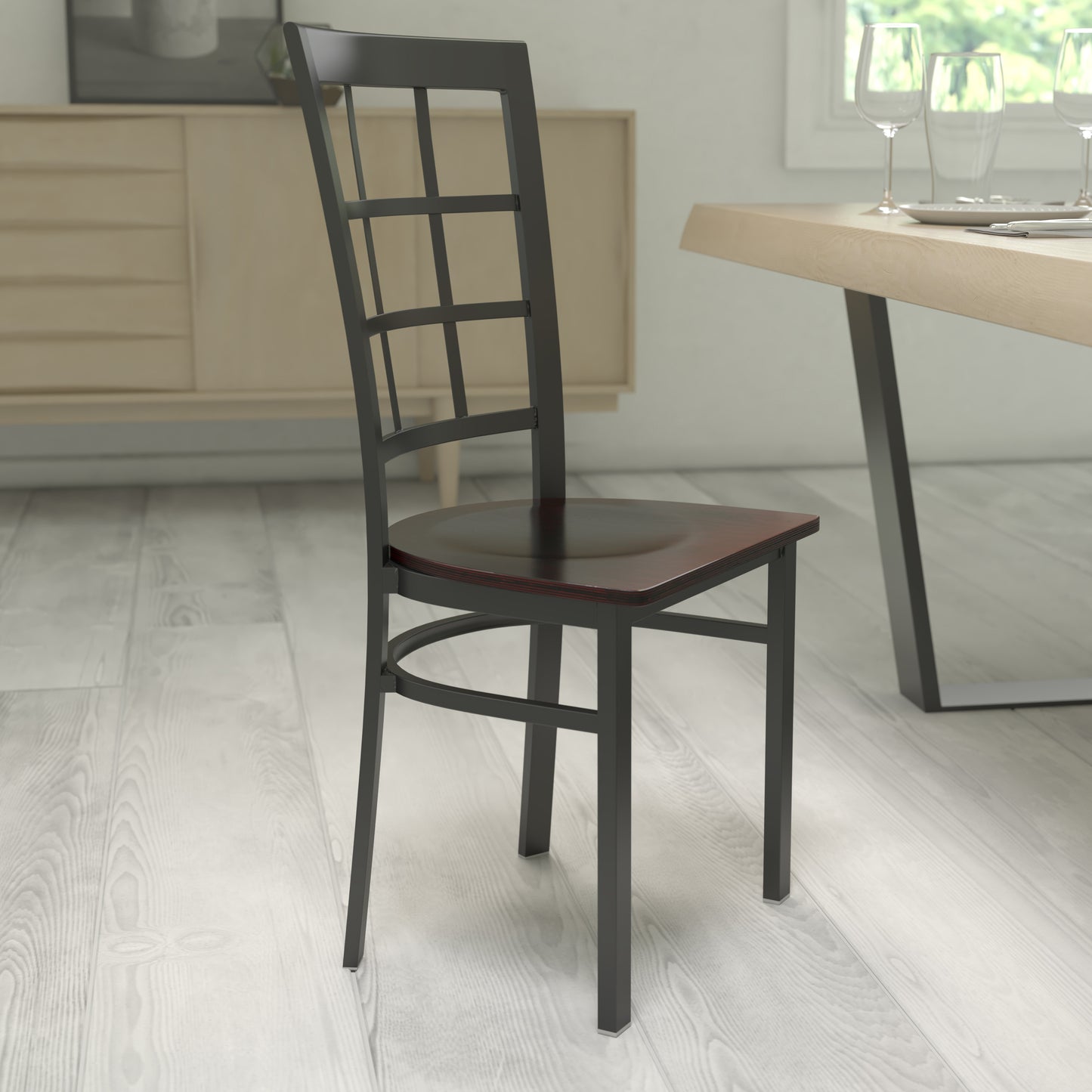 HERCULES Series Black Window Back Metal Restaurant Chair - Walnut Wood Seat Walnut Wood Seat/Black Metal Frame