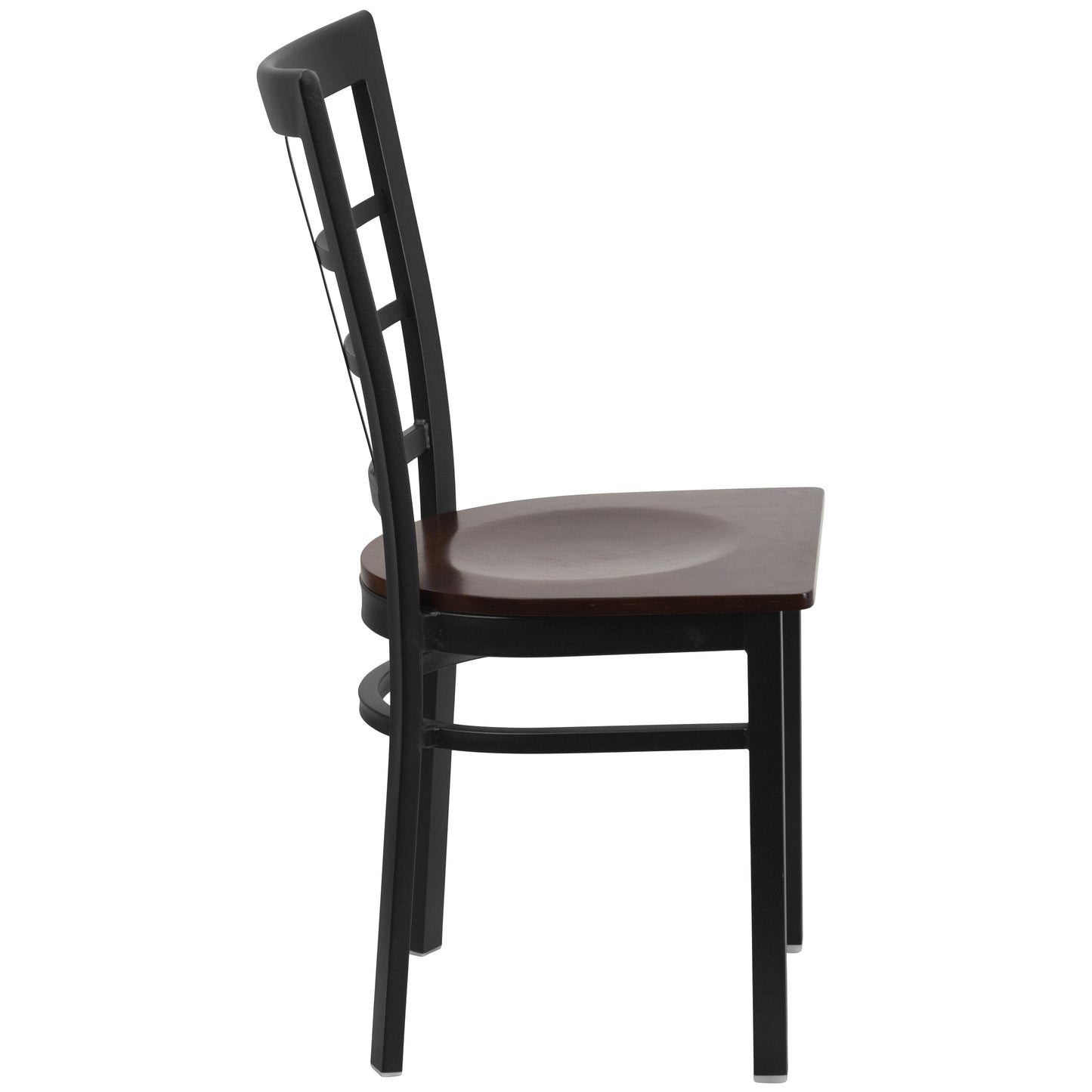 HERCULES Series Black Window Back Metal Restaurant Chair - Walnut Wood Seat Walnut Wood Seat/Black Metal Frame