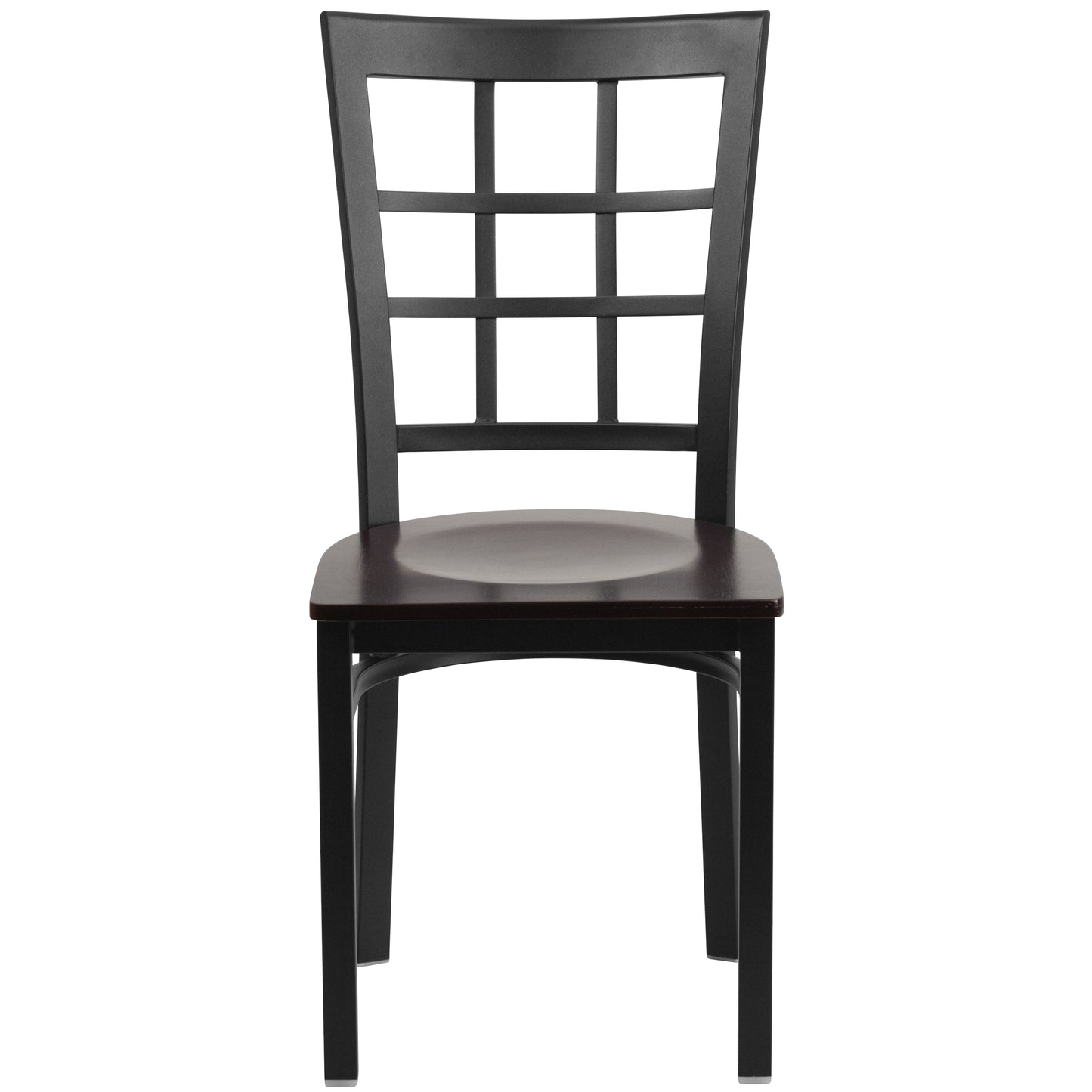 HERCULES Series Black Window Back Metal Restaurant Chair - Walnut Wood Seat Walnut Wood Seat/Black Metal Frame