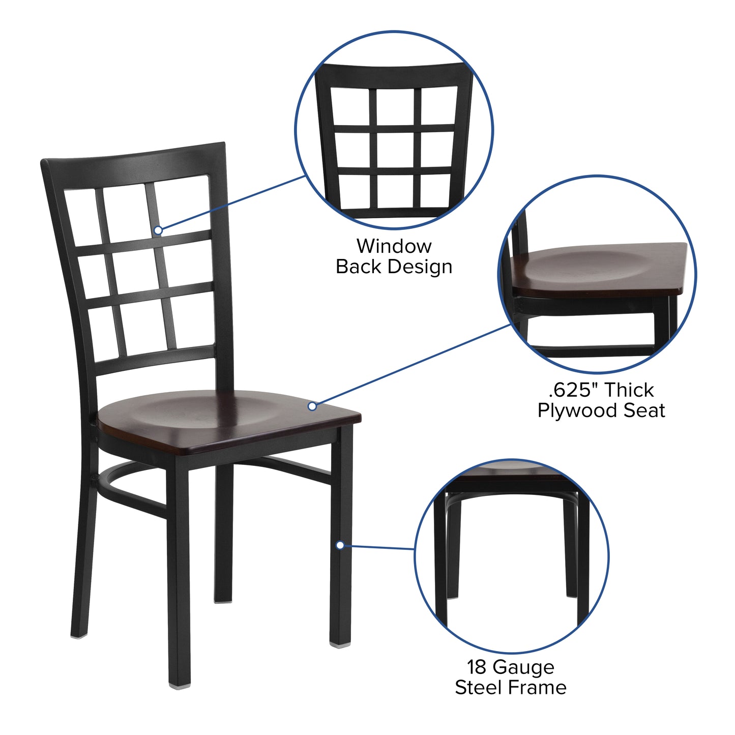 HERCULES Series Black Window Back Metal Restaurant Chair - Walnut Wood Seat Walnut Wood Seat/Black Metal Frame