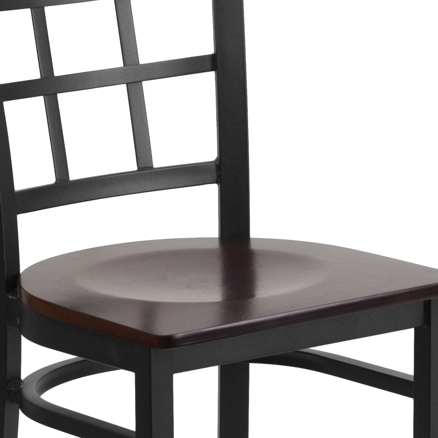 HERCULES Series Black Window Back Metal Restaurant Chair - Walnut Wood Seat Walnut Wood Seat/Black Metal Frame
