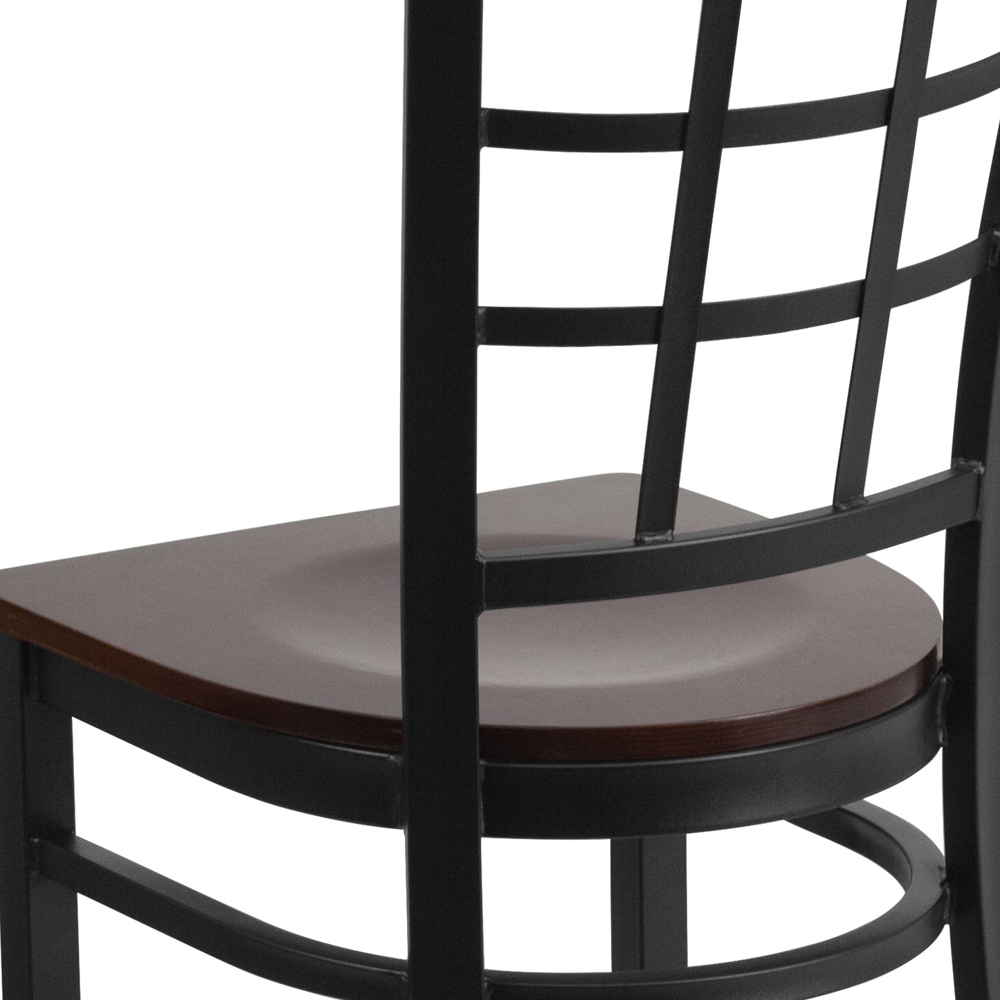 HERCULES Series Black Window Back Metal Restaurant Chair - Walnut Wood Seat Walnut Wood Seat/Black Metal Frame