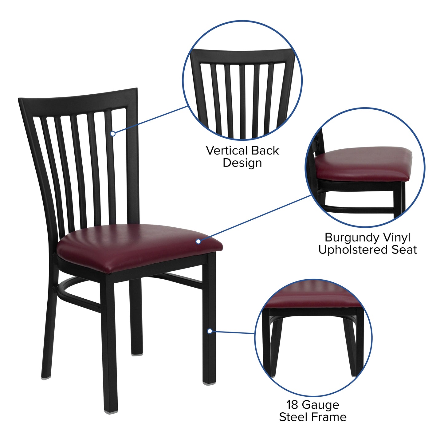 HERCULES Series Black School House Back Metal Restaurant Chair - Burgundy Vinyl Seat Burgundy Vinyl Seat/Black Metal Frame
