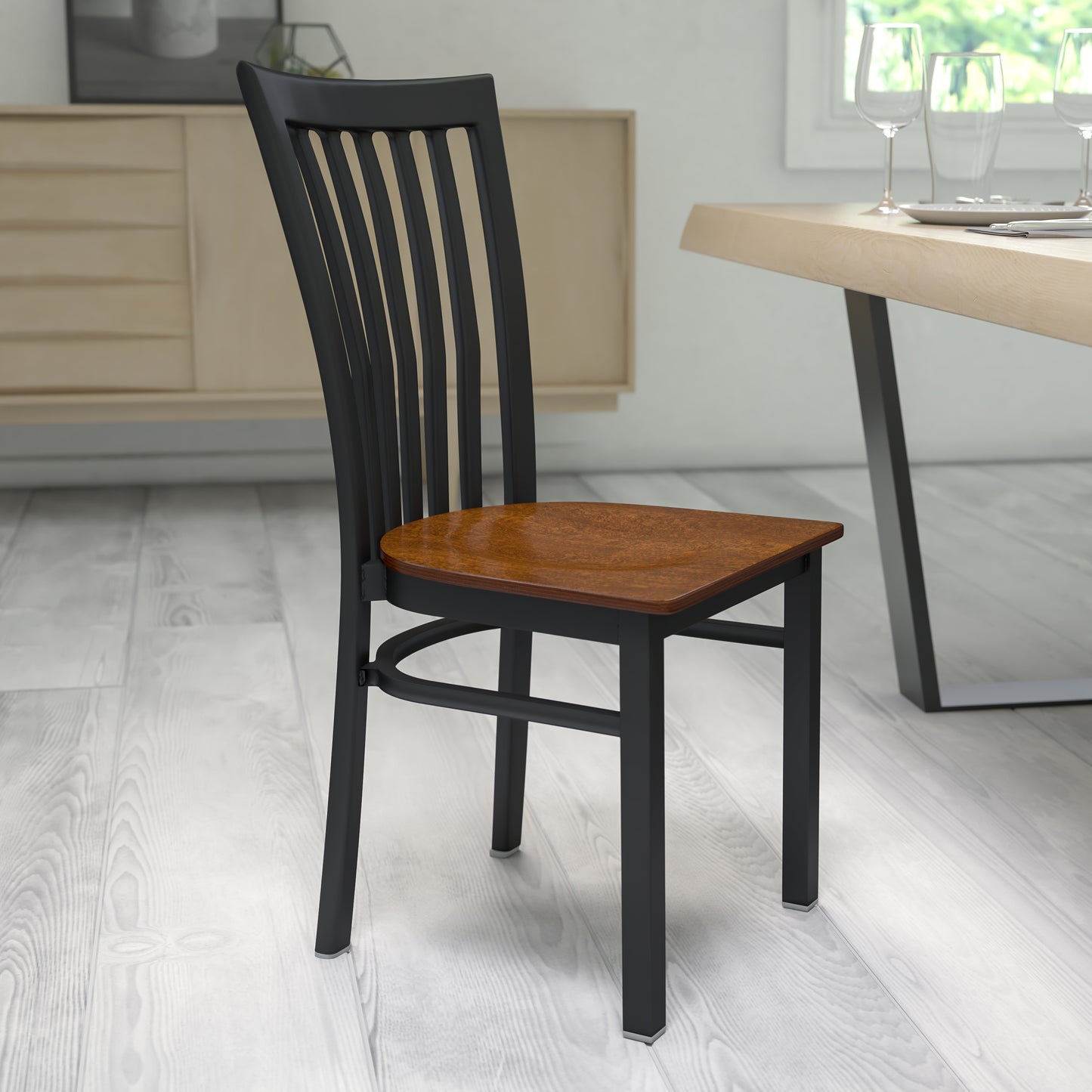 HERCULES Series Black School House Back Metal Restaurant Chair - Cherry Wood Seat Cherry Wood Seat/Black Metal Frame