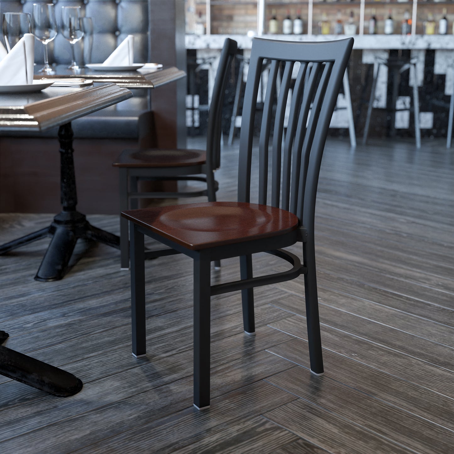 HERCULES Series Black School House Back Metal Restaurant Chair - Walnut Wood Seat Walnut Wood Seat/Black Metal Frame