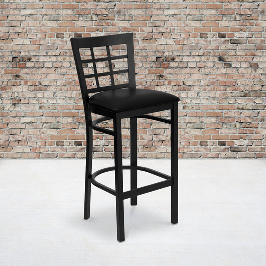 HERCULES Series Black Window Back Metal Restaurant Barstool - Black Vinyl Seat Black Vinyl Seat/Black Metal Frame