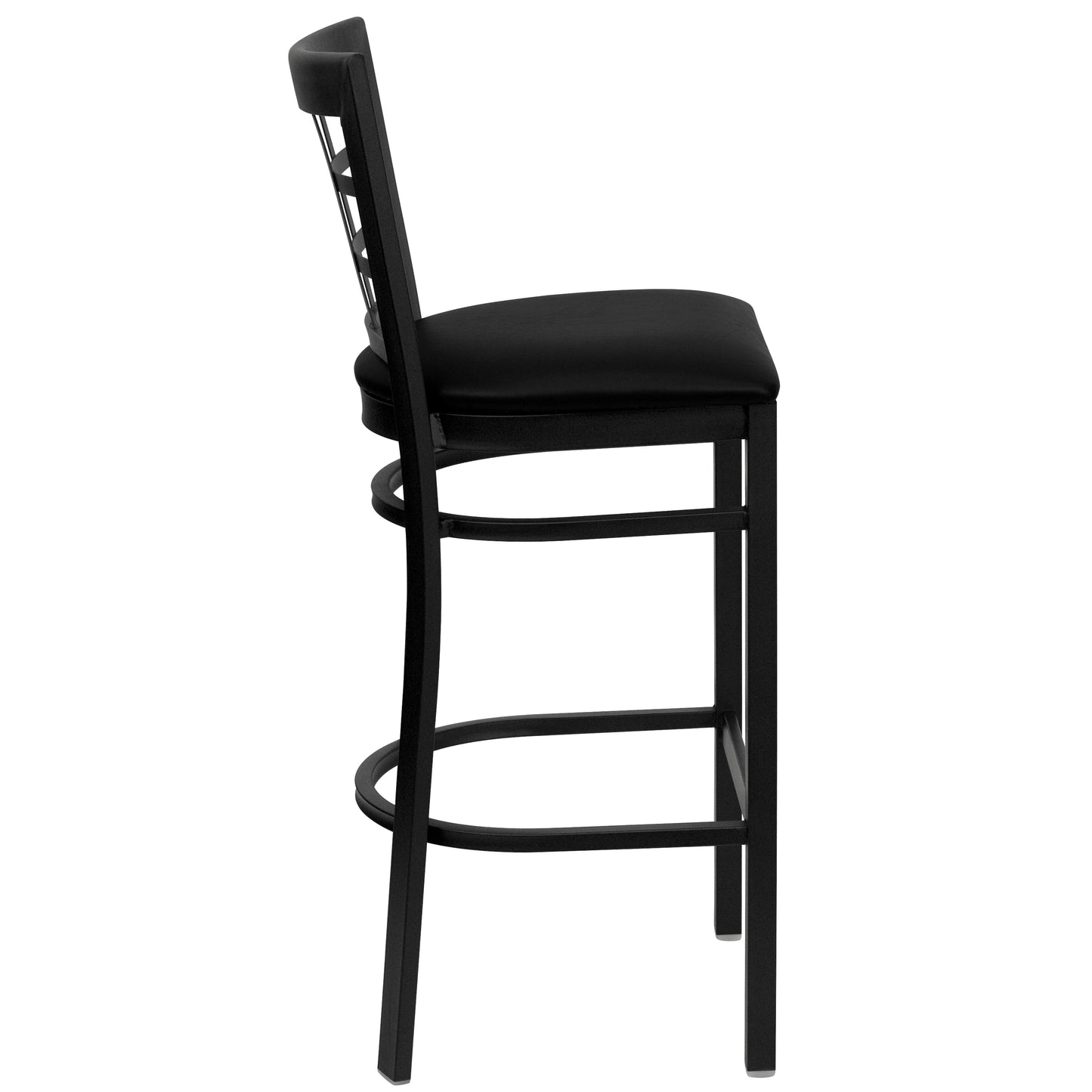 HERCULES Series Black Window Back Metal Restaurant Barstool - Black Vinyl Seat Black Vinyl Seat/Black Metal Frame