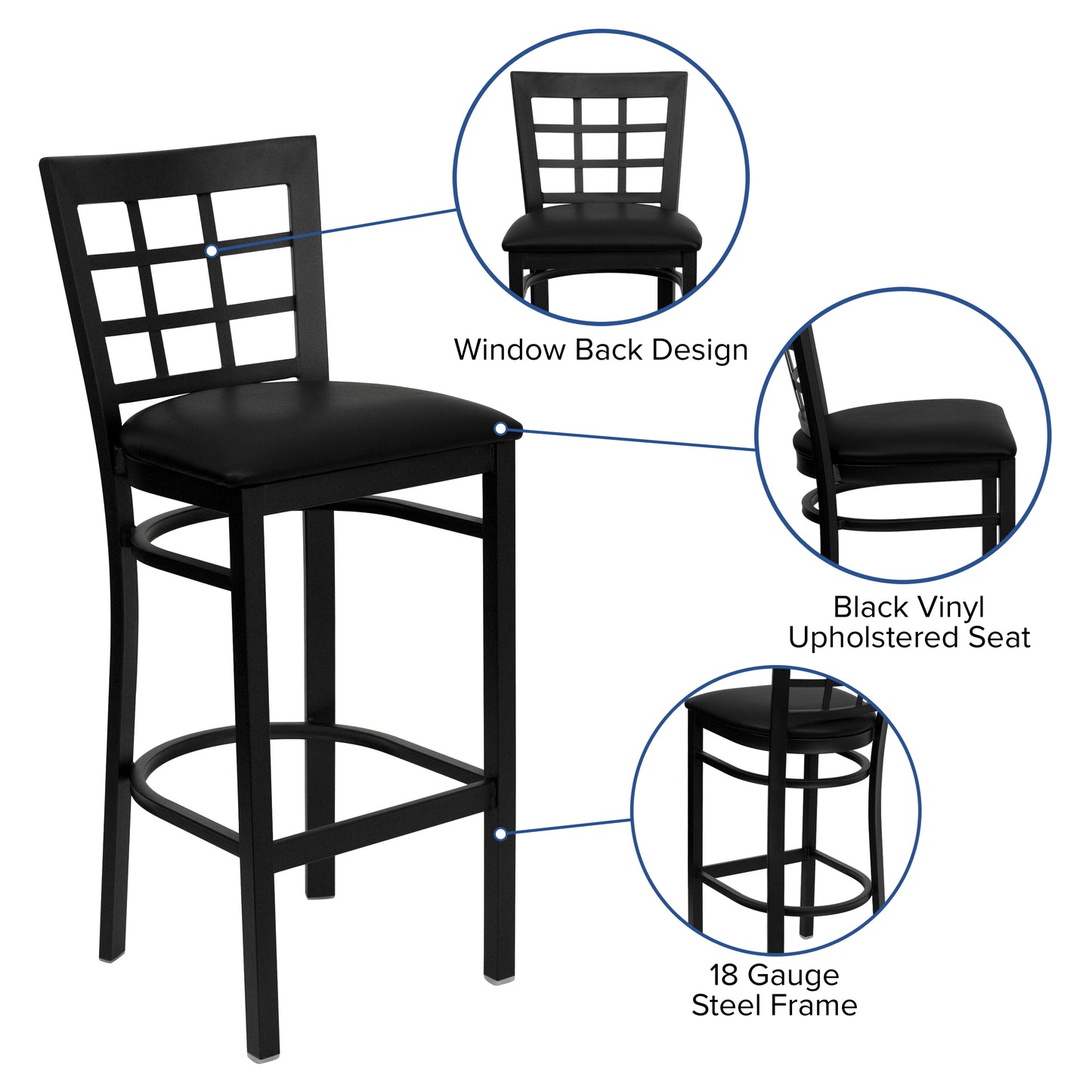 HERCULES Series Black Window Back Metal Restaurant Barstool - Black Vinyl Seat Black Vinyl Seat/Black Metal Frame