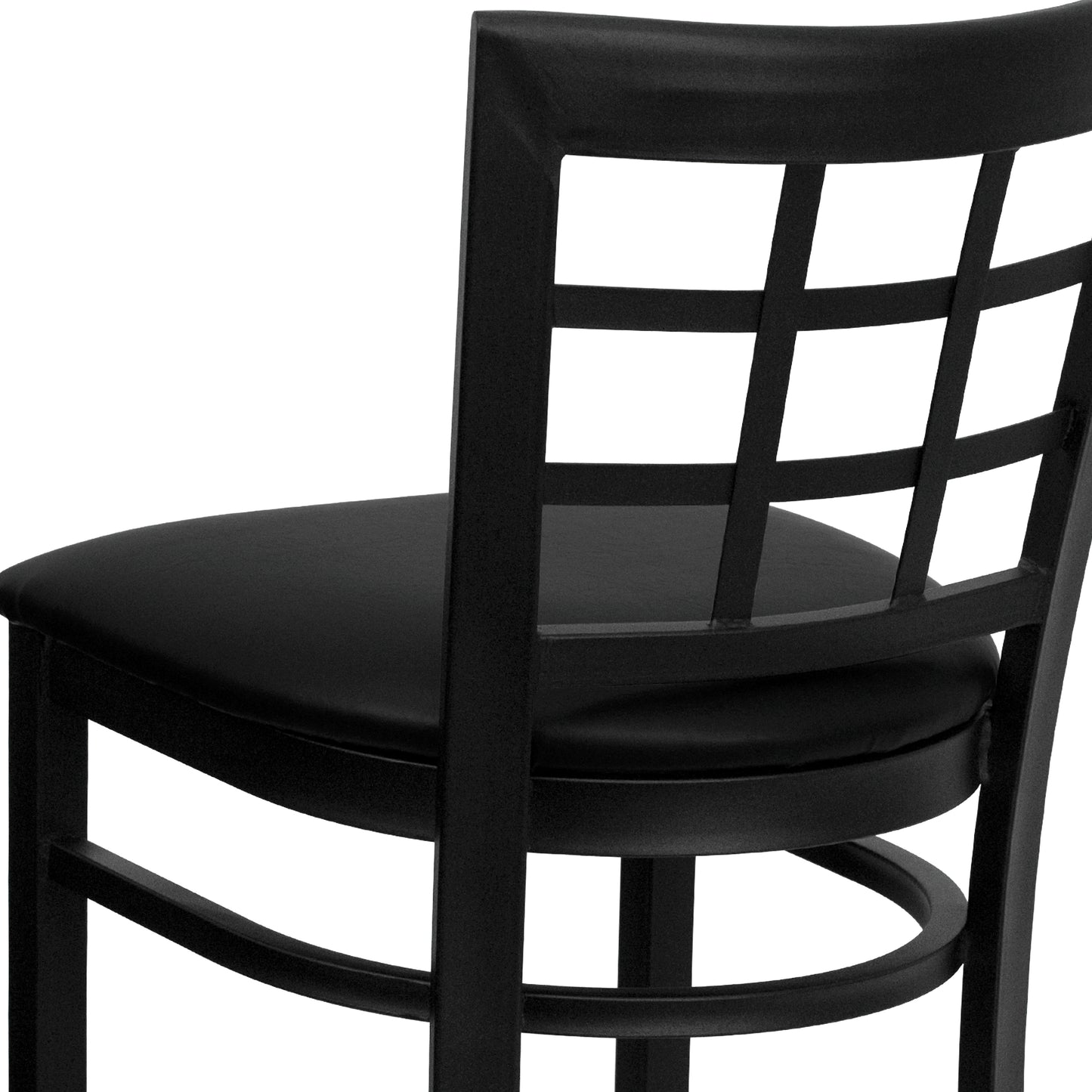 HERCULES Series Black Window Back Metal Restaurant Barstool - Black Vinyl Seat Black Vinyl Seat/Black Metal Frame