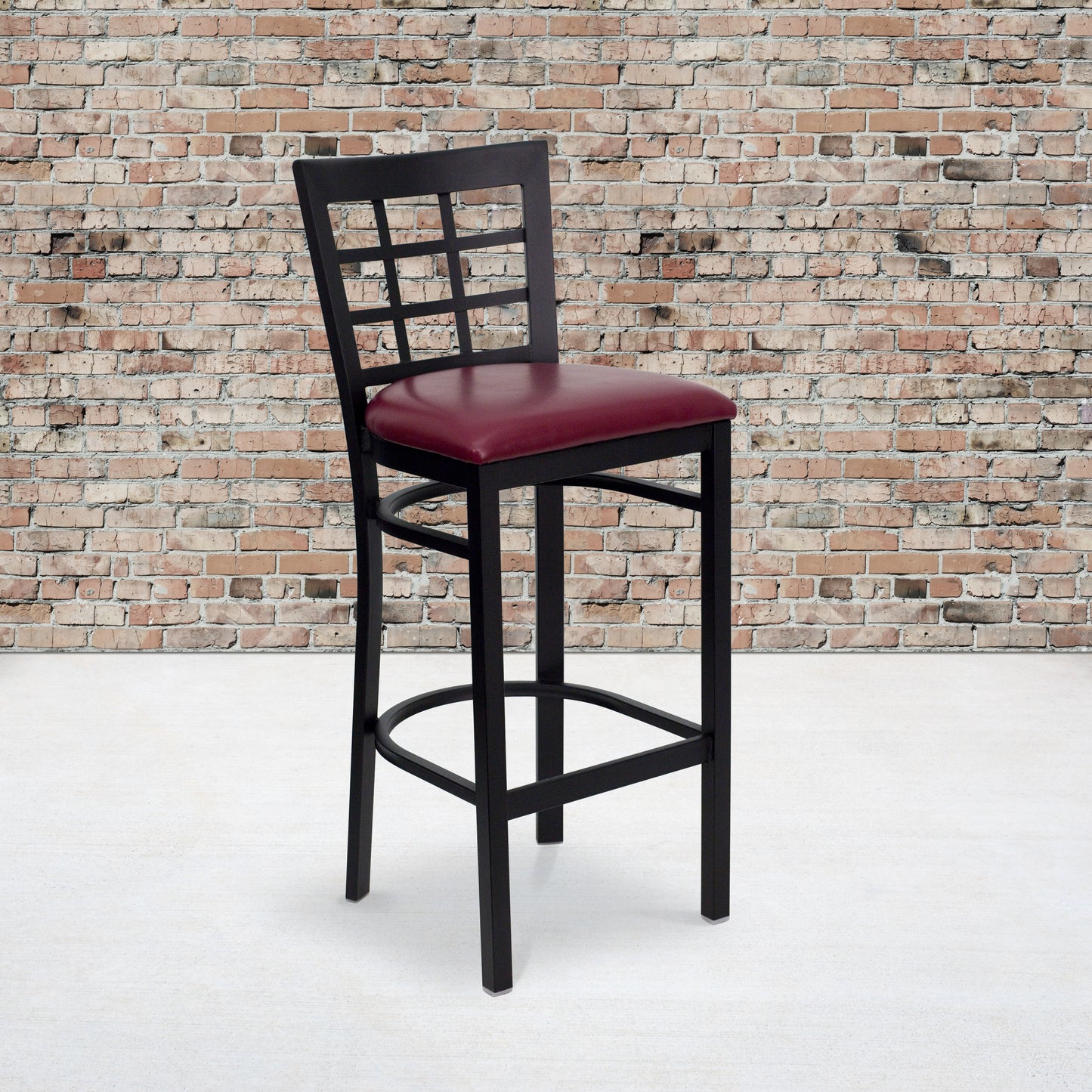 HERCULES Series Black Window Back Metal Restaurant Barstool - Burgundy Vinyl Seat Burgundy Vinyl Seat/Black Metal Frame