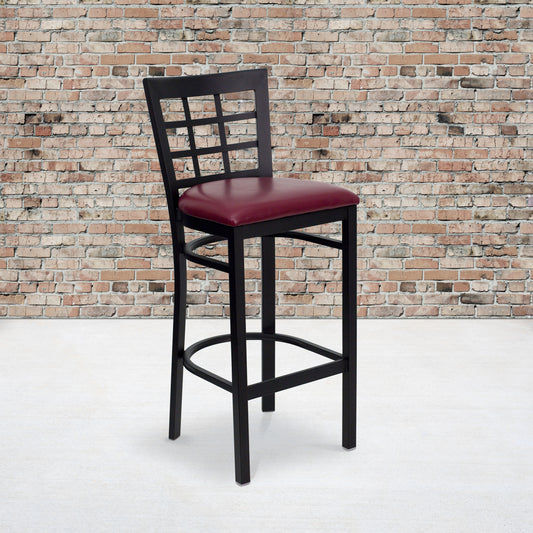 HERCULES Series Black Window Back Metal Restaurant Barstool - Burgundy Vinyl Seat Burgundy Vinyl Seat/Black Metal Frame