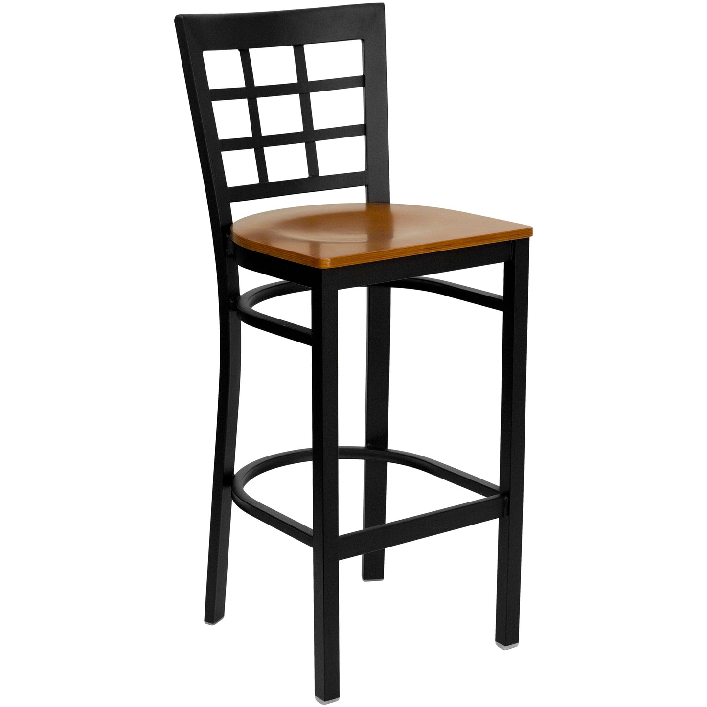 HERCULES Series Black Window Back Metal Restaurant Barstool - Cherry Wood Seat Cherry Wood Seat/Black Metal Frame