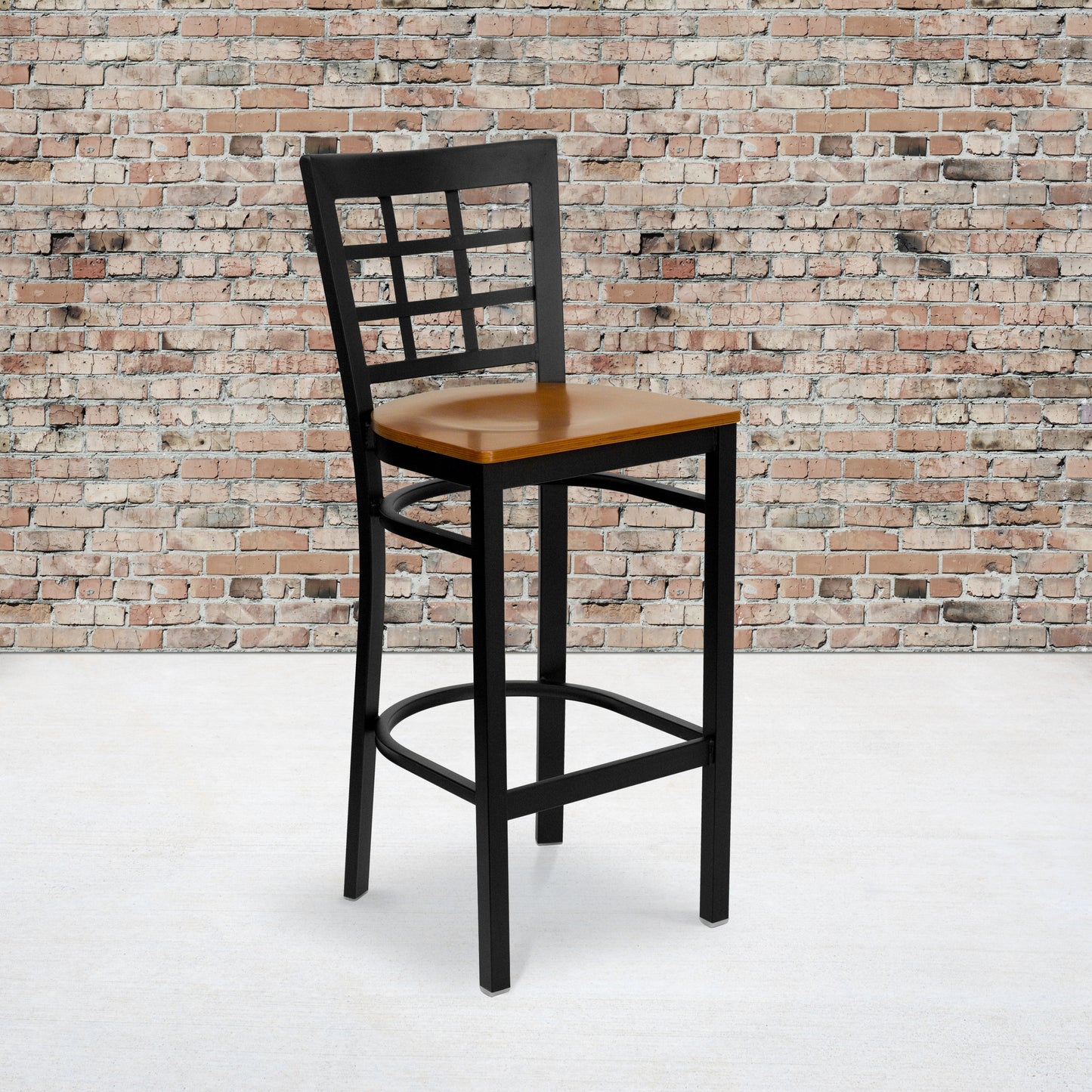 HERCULES Series Black Window Back Metal Restaurant Barstool - Cherry Wood Seat Cherry Wood Seat/Black Metal Frame