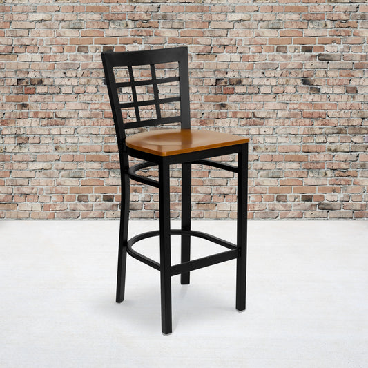 HERCULES Series Black Window Back Metal Restaurant Barstool - Cherry Wood Seat Cherry Wood Seat/Black Metal Frame