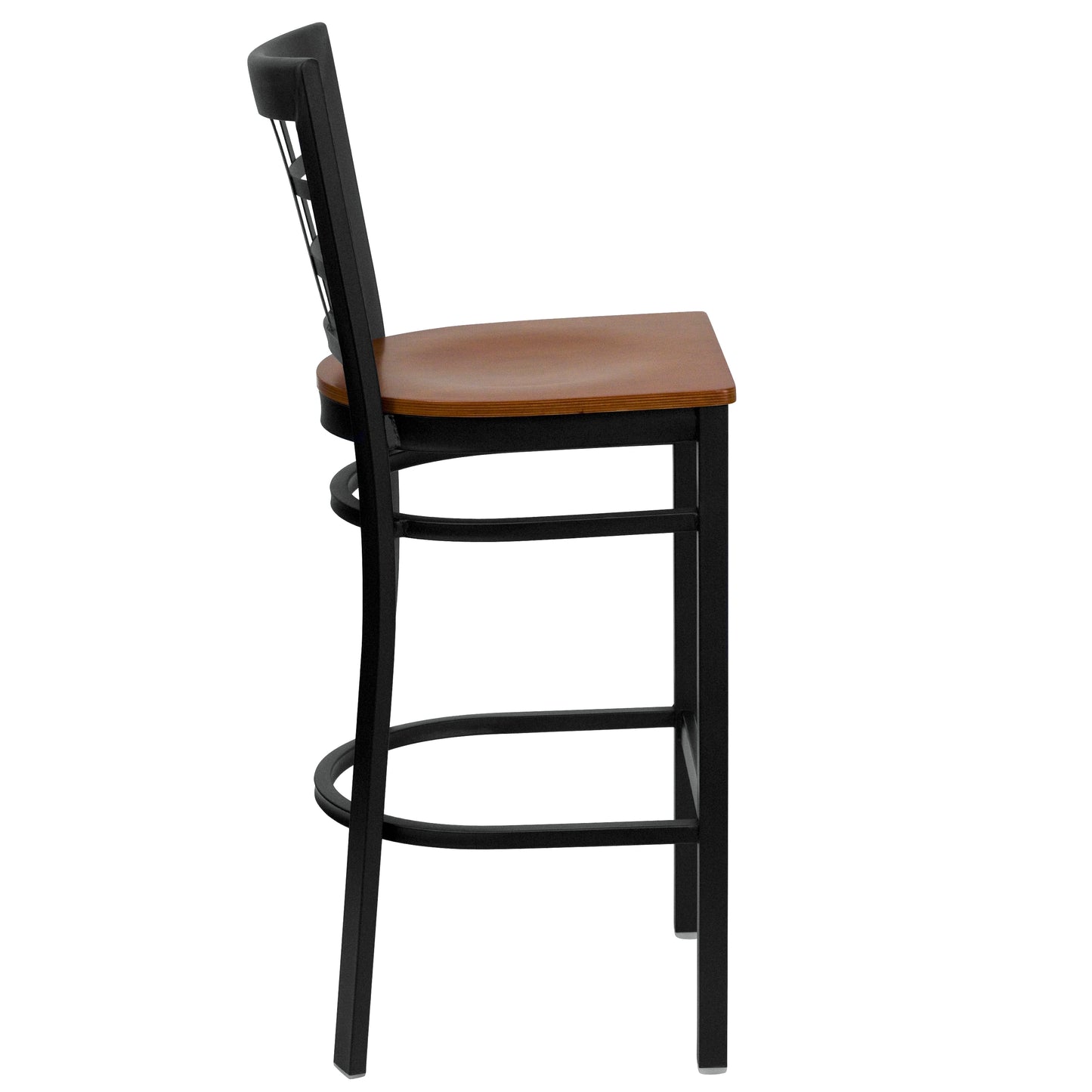 HERCULES Series Black Window Back Metal Restaurant Barstool - Cherry Wood Seat Cherry Wood Seat/Black Metal Frame