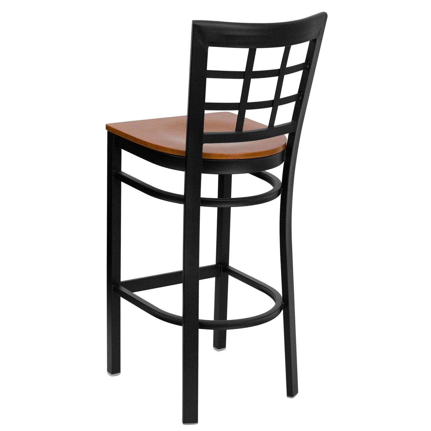 HERCULES Series Black Window Back Metal Restaurant Barstool - Cherry Wood Seat Cherry Wood Seat/Black Metal Frame
