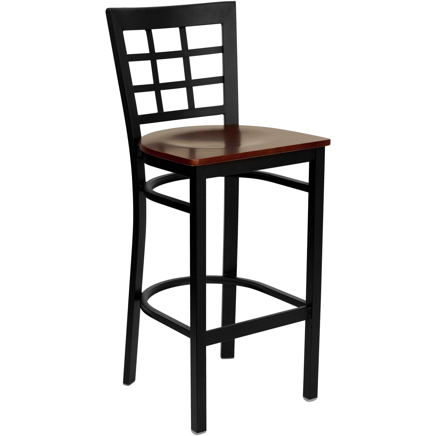 HERCULES Series Black Window Back Metal Restaurant Barstool - Mahogany Wood Seat Mahogany Wood Seat/Black Metal Frame