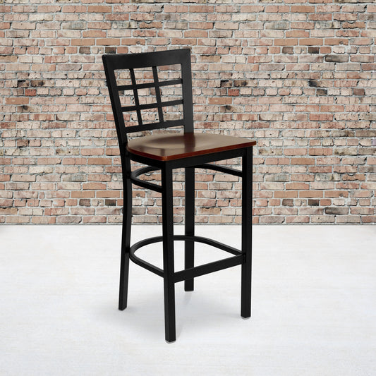 HERCULES Series Black Window Back Metal Restaurant Barstool - Mahogany Wood Seat Mahogany Wood Seat/Black Metal Frame