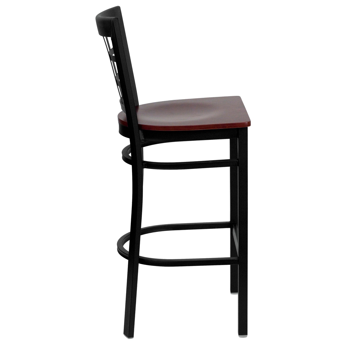 HERCULES Series Black Window Back Metal Restaurant Barstool - Mahogany Wood Seat Mahogany Wood Seat/Black Metal Frame