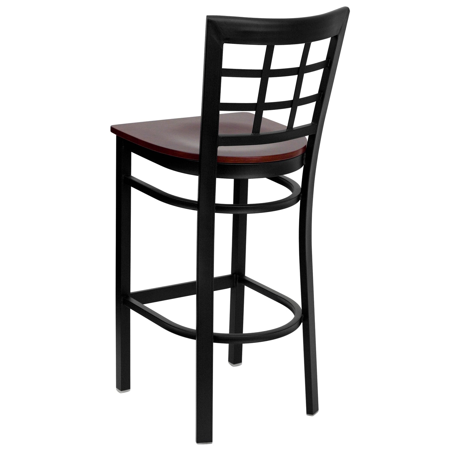 HERCULES Series Black Window Back Metal Restaurant Barstool - Mahogany Wood Seat Mahogany Wood Seat/Black Metal Frame