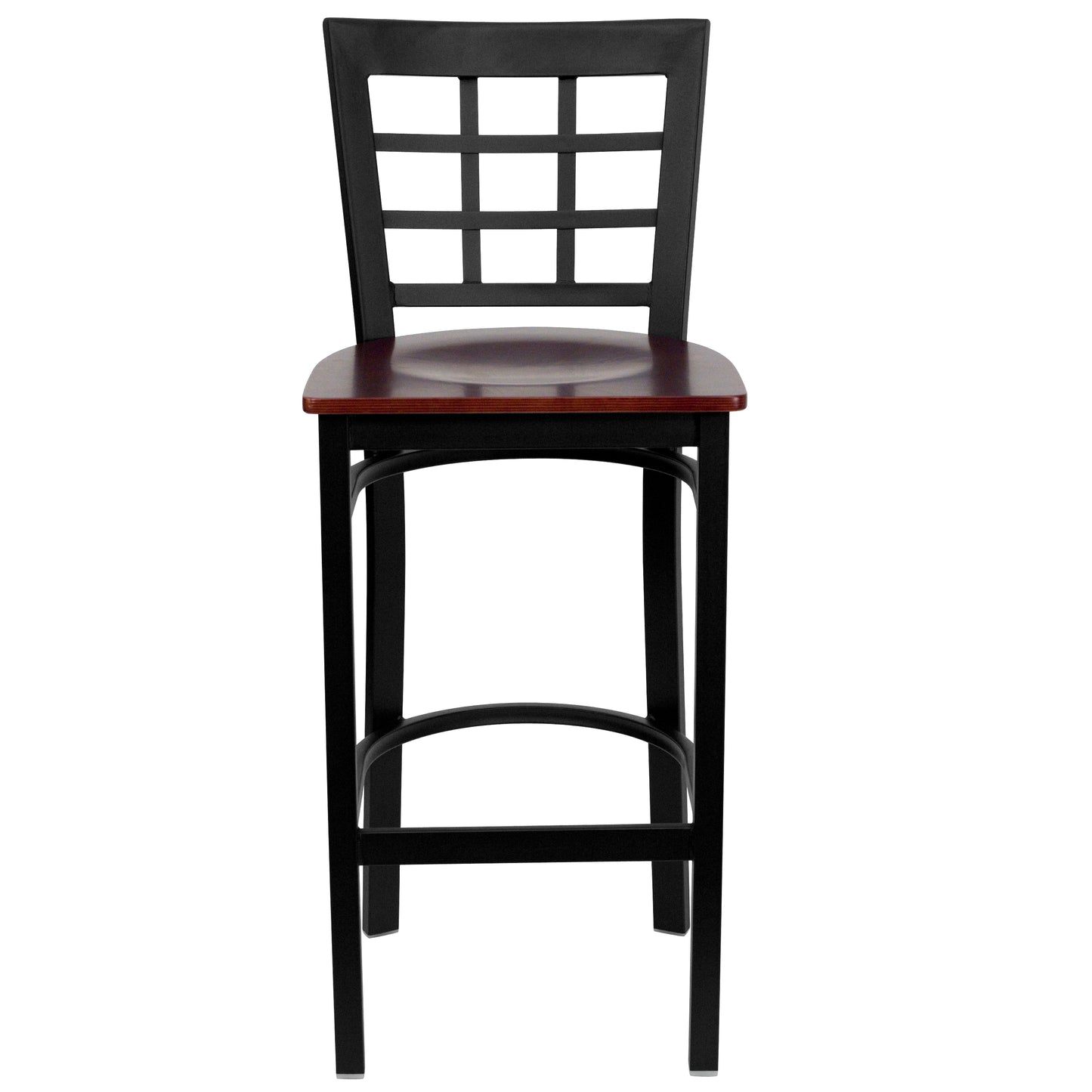 HERCULES Series Black Window Back Metal Restaurant Barstool - Mahogany Wood Seat Mahogany Wood Seat/Black Metal Frame