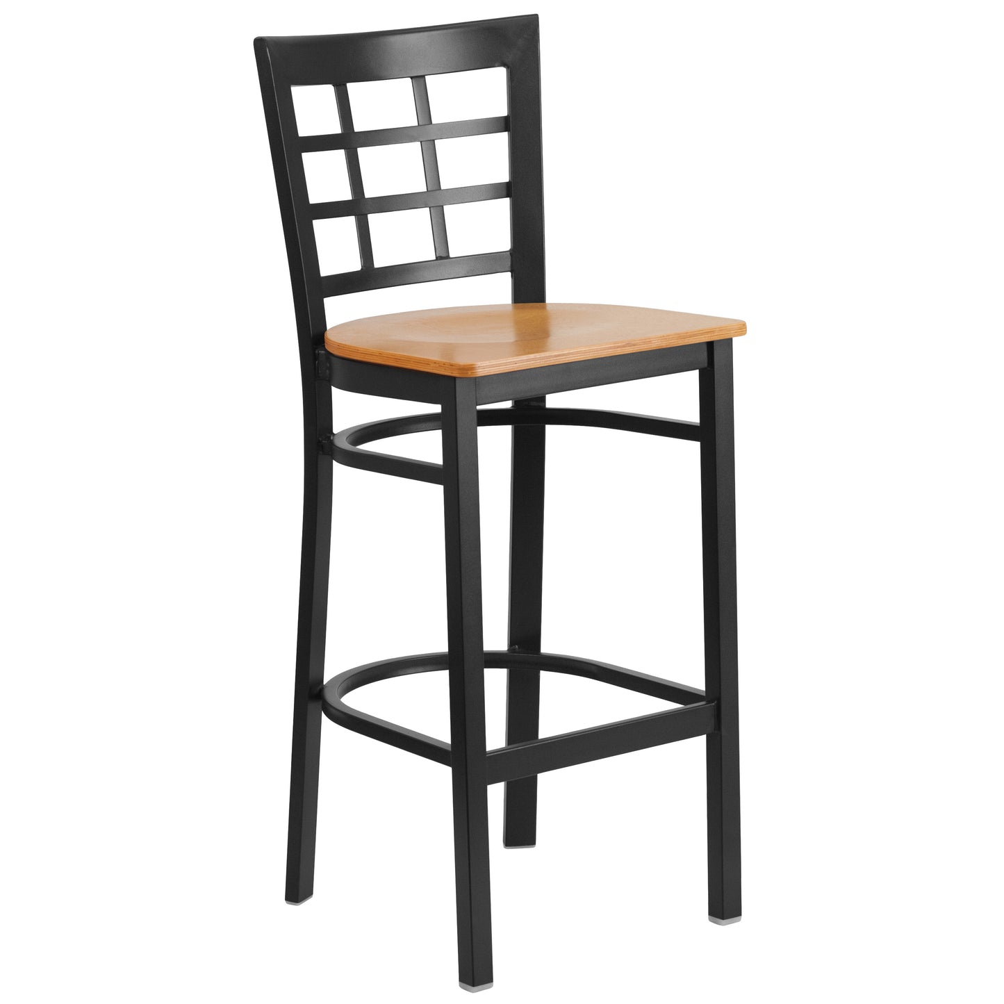 HERCULES Series Black Window Back Metal Restaurant Barstool - Natural Wood Seat Natural Wood Seat/Black Metal Frame