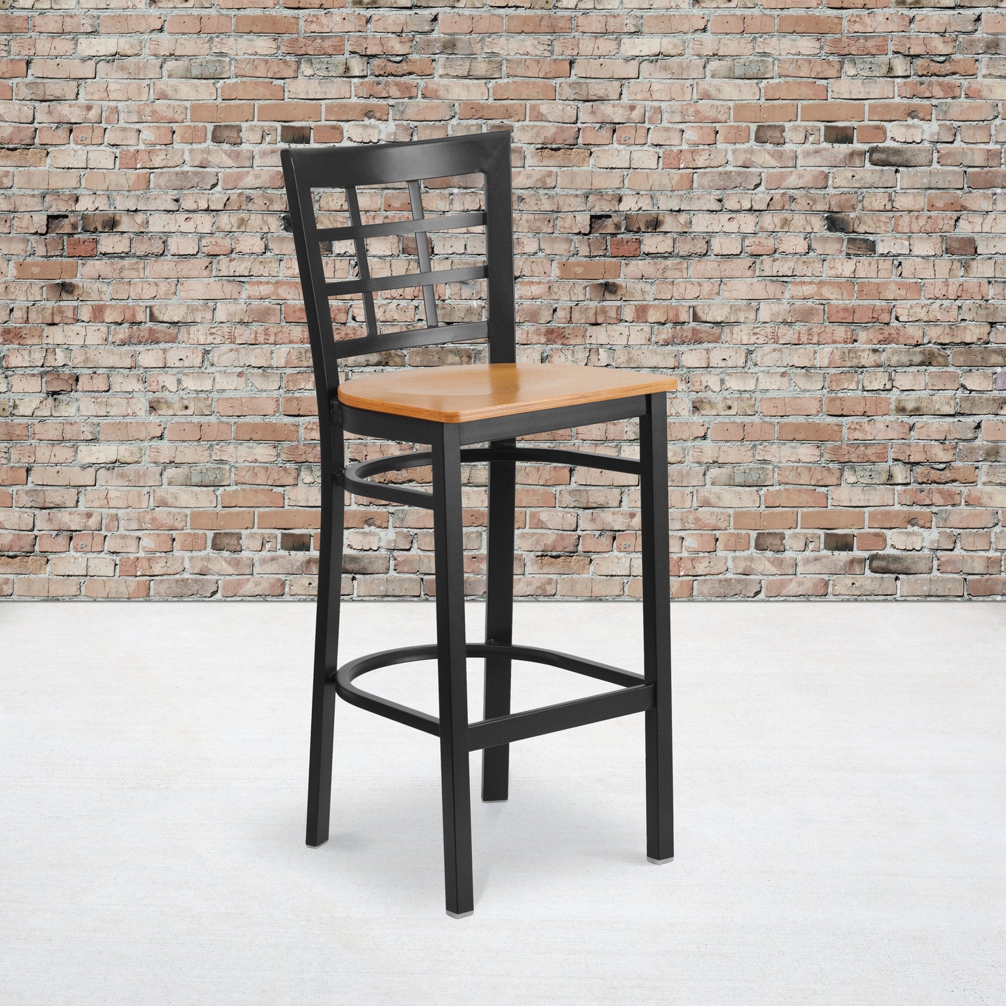 HERCULES Series Black Window Back Metal Restaurant Barstool - Natural Wood Seat Natural Wood Seat/Black Metal Frame