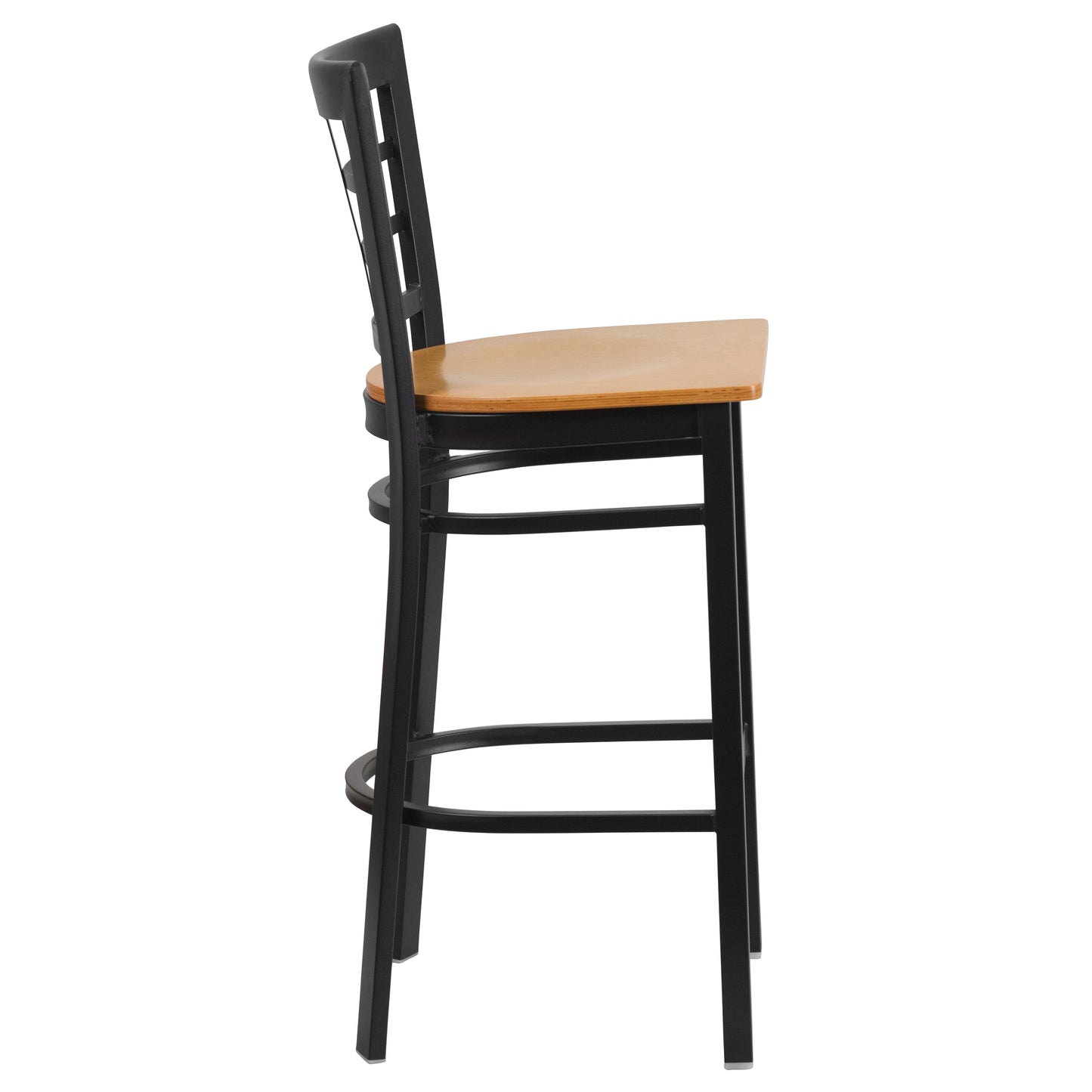 HERCULES Series Black Window Back Metal Restaurant Barstool - Natural Wood Seat Natural Wood Seat/Black Metal Frame