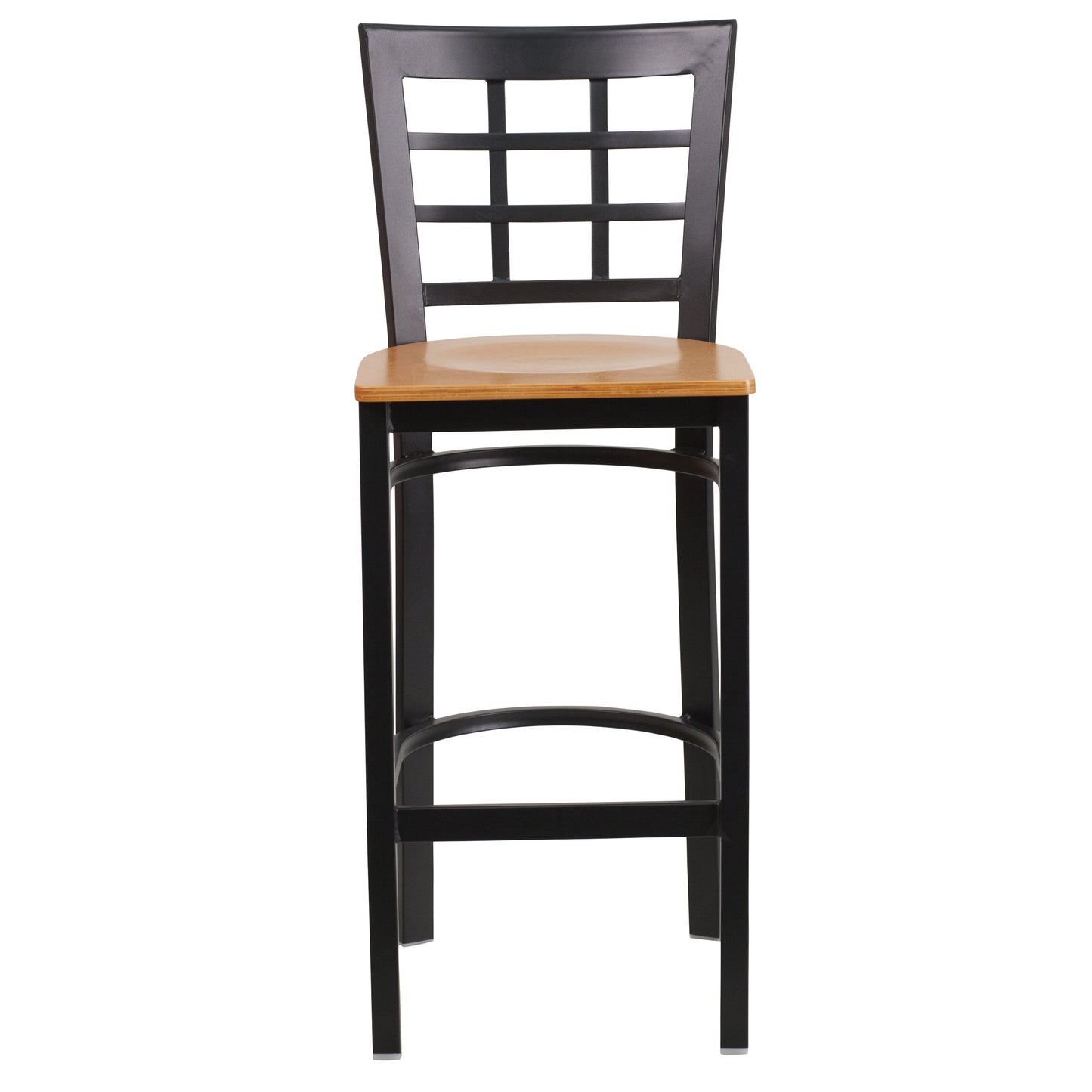 HERCULES Series Black Window Back Metal Restaurant Barstool - Natural Wood Seat Natural Wood Seat/Black Metal Frame