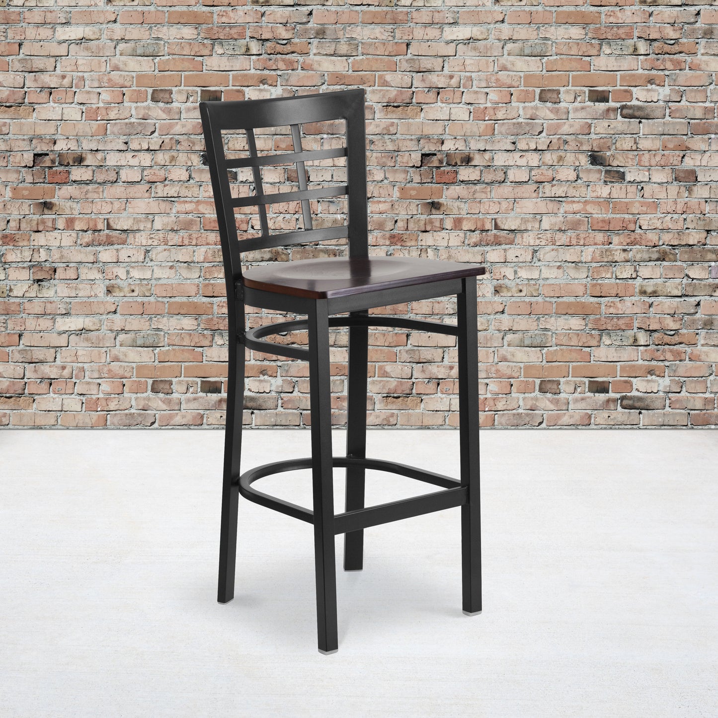 HERCULES Series Black Window Back Metal Restaurant Barstool - Walnut Wood Seat Walnut Wood Seat/Black Metal Frame XU-DG6R7BWIN-BAR-WALW-GG