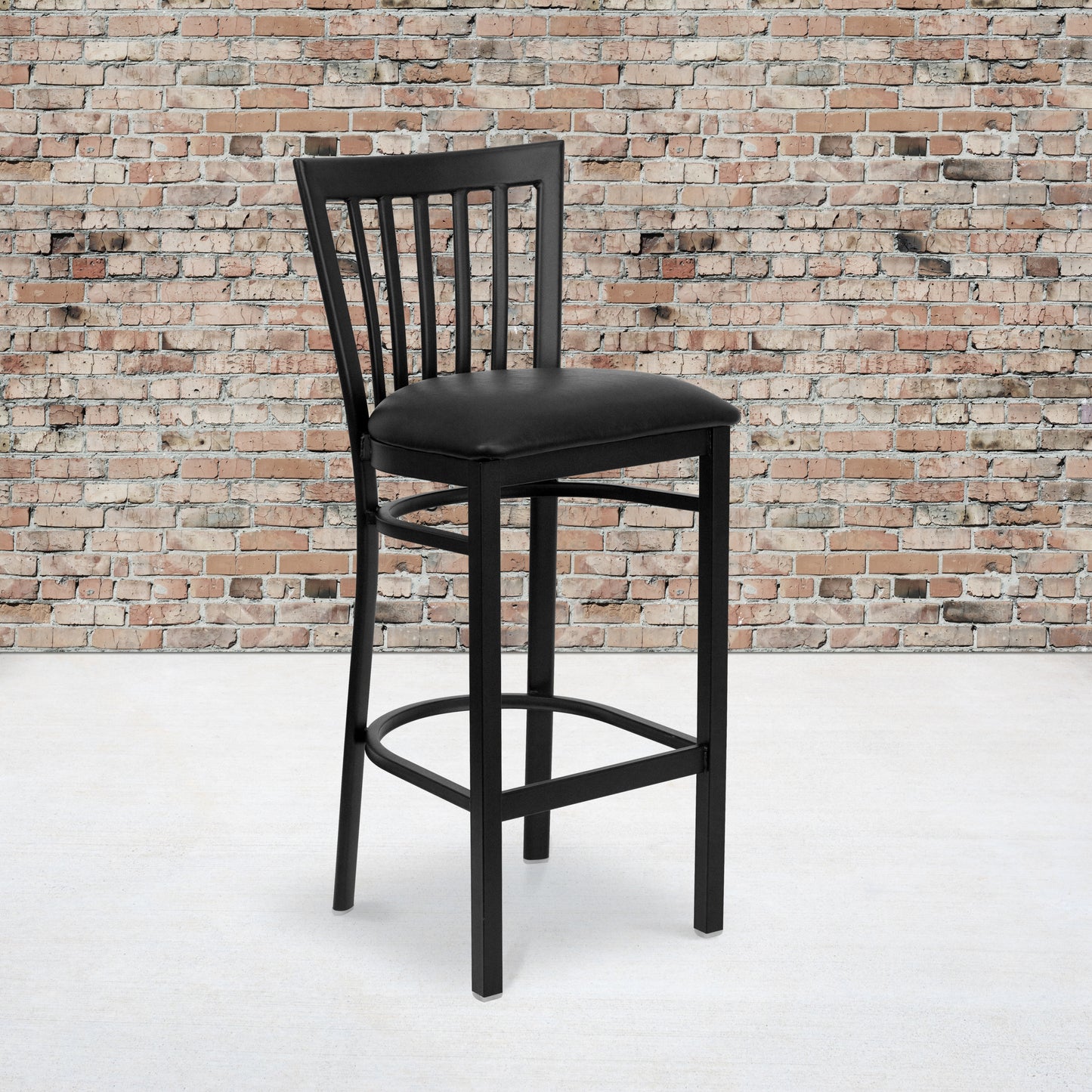 HERCULES Series Black School House Back Metal Restaurant Barstool - Black Vinyl Seat Black Vinyl Seat/Black Metal Frame