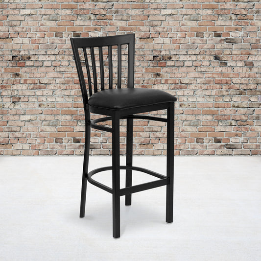HERCULES Series Black School House Back Metal Restaurant Barstool - Black Vinyl Seat Black Vinyl Seat/Black Metal Frame