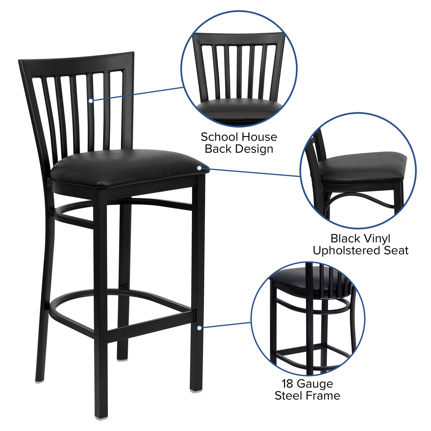 HERCULES Series Black School House Back Metal Restaurant Barstool - Black Vinyl Seat Black Vinyl Seat/Black Metal Frame