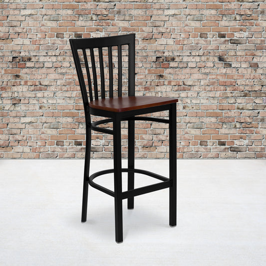 HERCULES Series Black School House Back Metal Restaurant Barstool - Cherry Wood Seat Cherry Wood Seat/Black Metal Frame