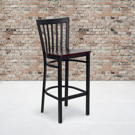 HERCULES Series Black School House Back Metal Restaurant Barstool - Mahogany Wood Seat Mahogany Wood Seat/Black Metal Frame