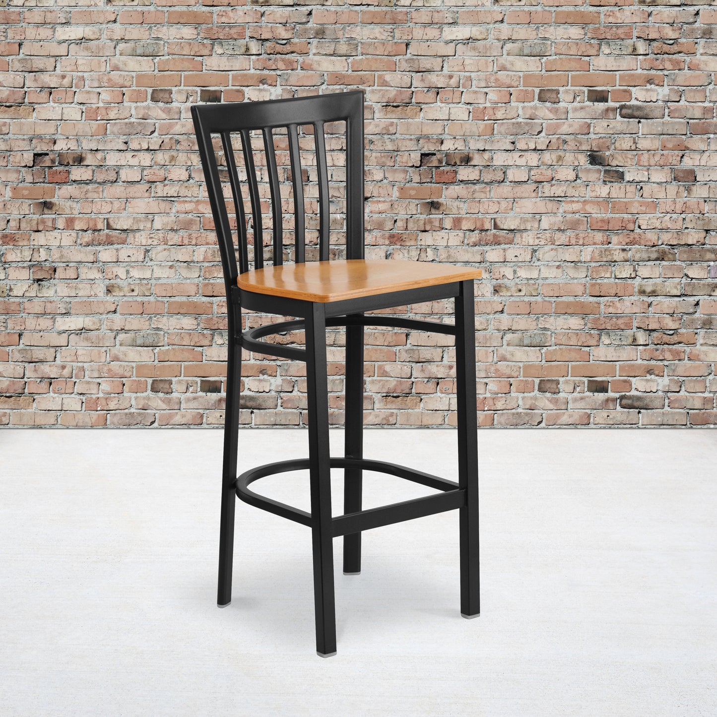HERCULES Series Black School House Back Metal Restaurant Barstool - Natural Wood Seat Natural Wood Seat/Black Metal Frame