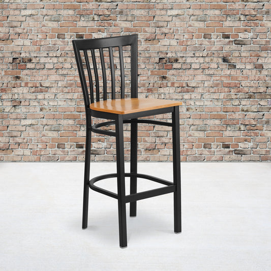 HERCULES Series Black School House Back Metal Restaurant Barstool - Natural Wood Seat Natural Wood Seat/Black Metal Frame