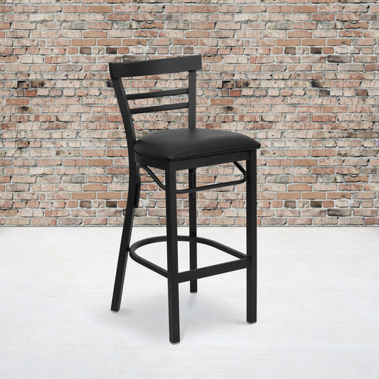 HERCULES Series Black Two-Slat Ladder Back Metal Restaurant Barstool - Black Vinyl Seat Black Vinyl Seat/Black Metal Frame