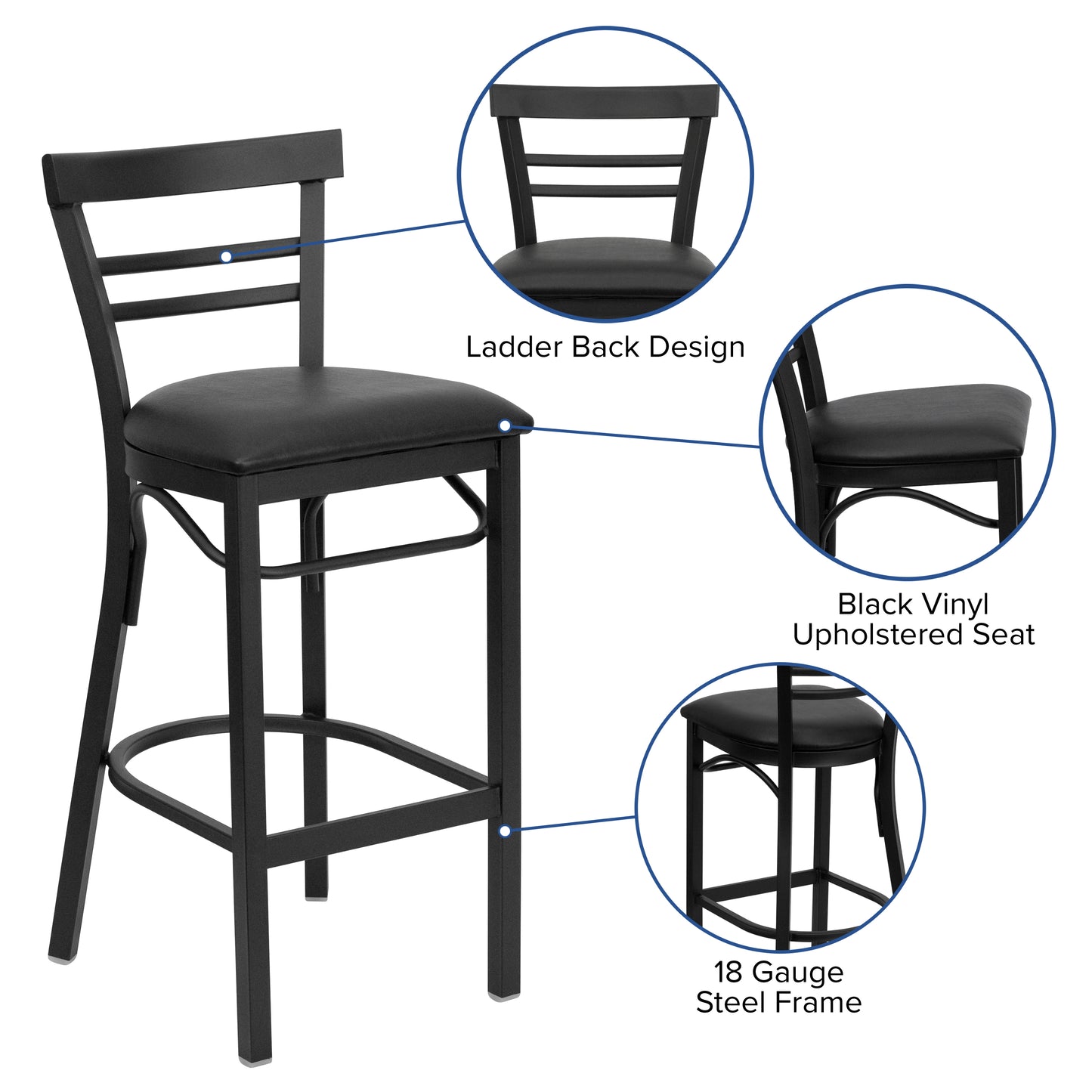 HERCULES Series Black Two-Slat Ladder Back Metal Restaurant Barstool - Black Vinyl Seat Black Vinyl Seat/Black Metal Frame XU-DG6R9BLAD-BAR-BLKV-GG