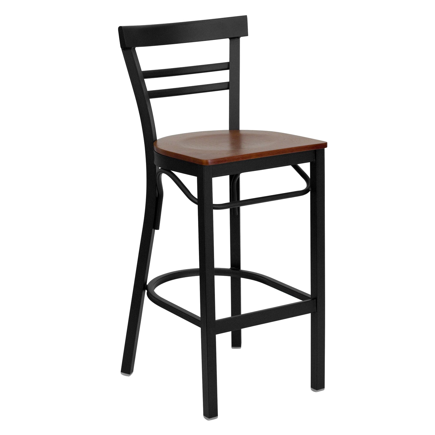 HERCULES Series Black Two-Slat Ladder Back Metal Restaurant Barstool - Cherry Wood Seat Cherry Wood Seat/Black Metal Frame