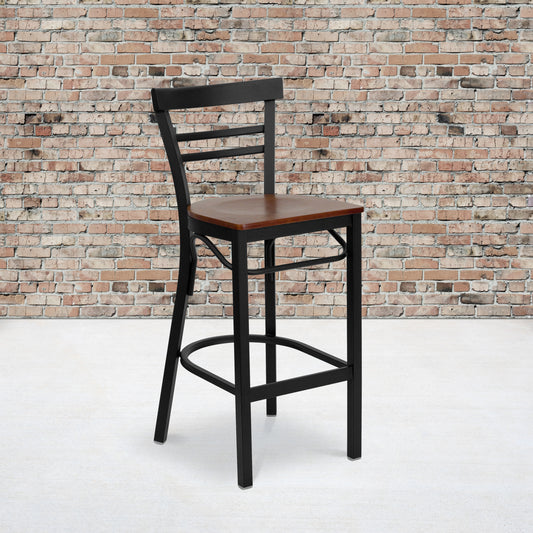 HERCULES Series Black Two-Slat Ladder Back Metal Restaurant Barstool - Cherry Wood Seat Cherry Wood Seat/Black Metal Frame